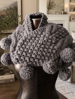 Cozy Gray Knit Enternal Scarf with Pom Poms